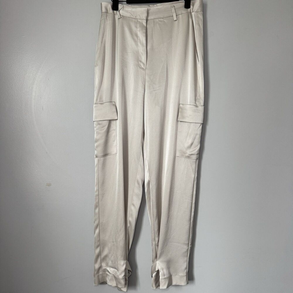 Aritzia Satin Cargo Pocket White Pants Adjustable Leg Opening Buckle Sz 8